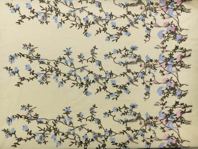 Metallic Embroidered Tulle with Metallic Embroidered with Blossoming Trees and Birds0