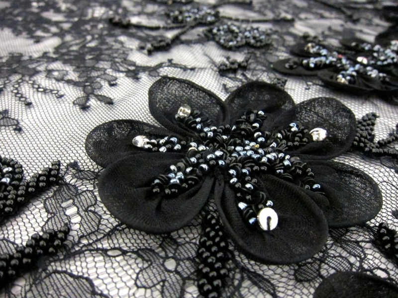 Beaded Chantilly Lace with Flower Appliqué2