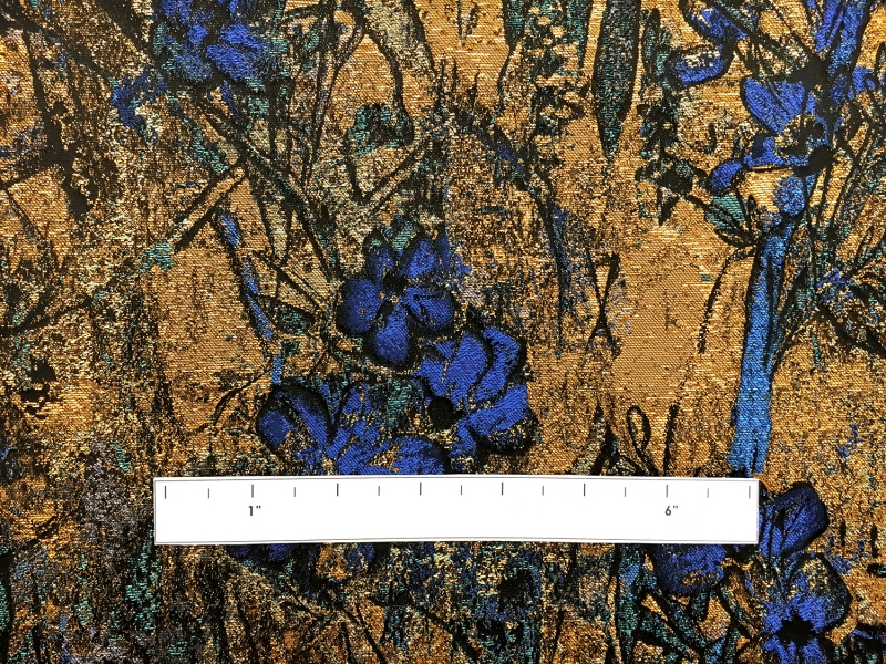 Antique Gold Floral Brocade Fabric with Blue Flowers1