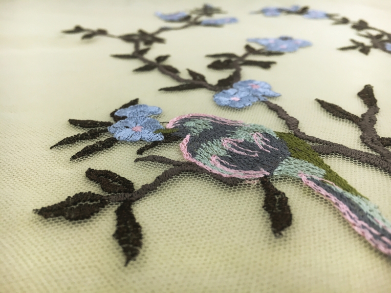 Metallic Embroidered Tulle with Metallic Embroidered with Blossoming Trees and Birds3