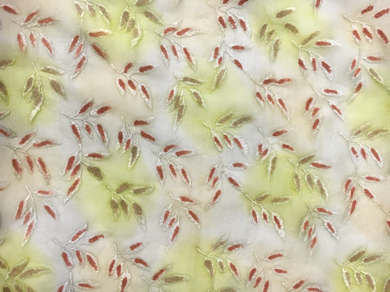 Crinkled Tie Dyed Silk Organza Embroidered with Leaves0