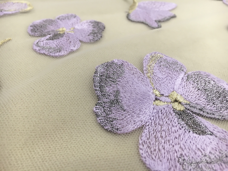 Embroidered Metallic Tulle with Degradé Flowers and Butterflies2