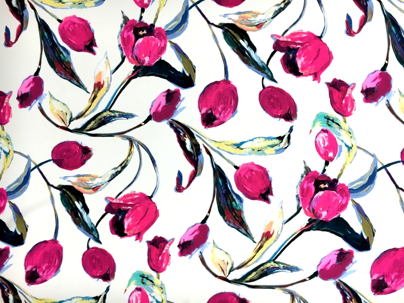 Printed Silk 4Ply Crepe with Magenta Tulips0