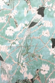 Linen With Birds On Cherry Blossom Print0