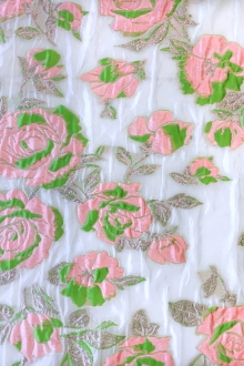 Silk Blend Metallic Fil Coupé Organza with Bright Roses0