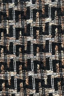 Black bouclé tweed with white, brown, tan woven plaid pattern