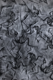 monochrome printed organza with dancing bird skeletons