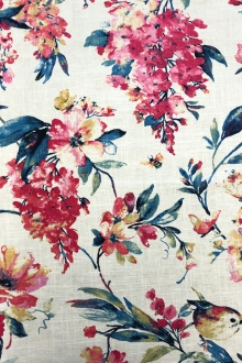 Linen Viscose Floral Birds Upholstery Print in Blueberry0