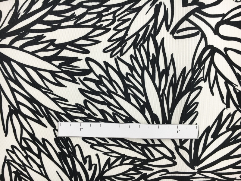 Printed Cotton Viscose Faille with Sketched Black and White Leaves1