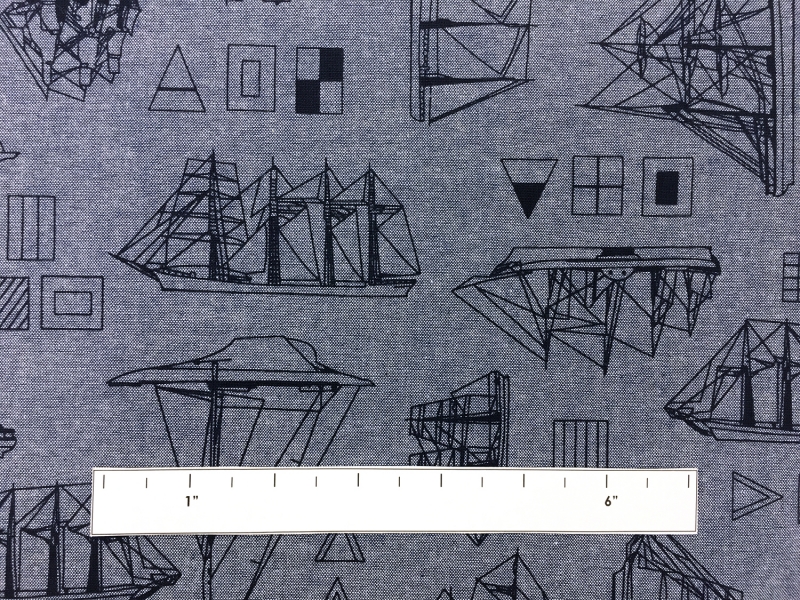 Cotton Chambray Nautical Print In Indigo1