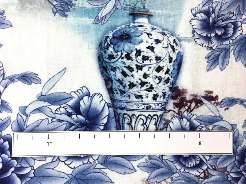 Linen Handkerchief Print with China Vases and Flowers 1