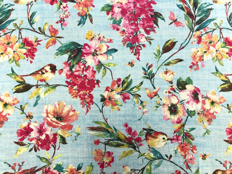 Linen Viscose Floral Birds Upholstery Print in Dream Blue0