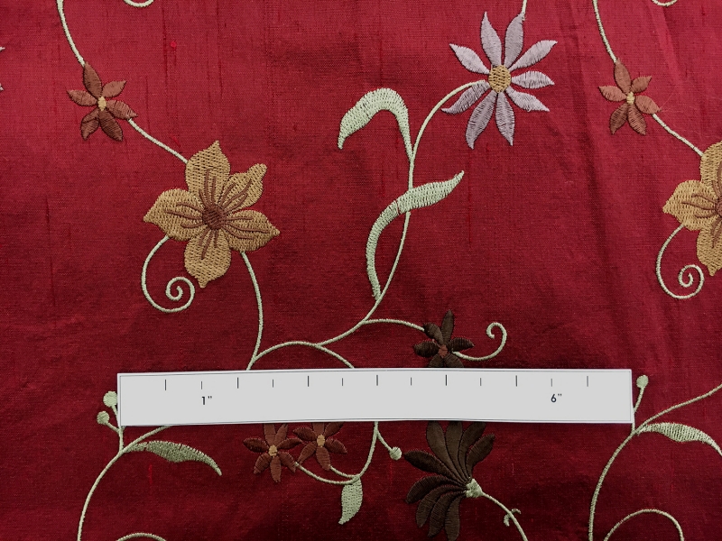 Iridescent Embroidered Silk Shantung with Flowers on Vines1