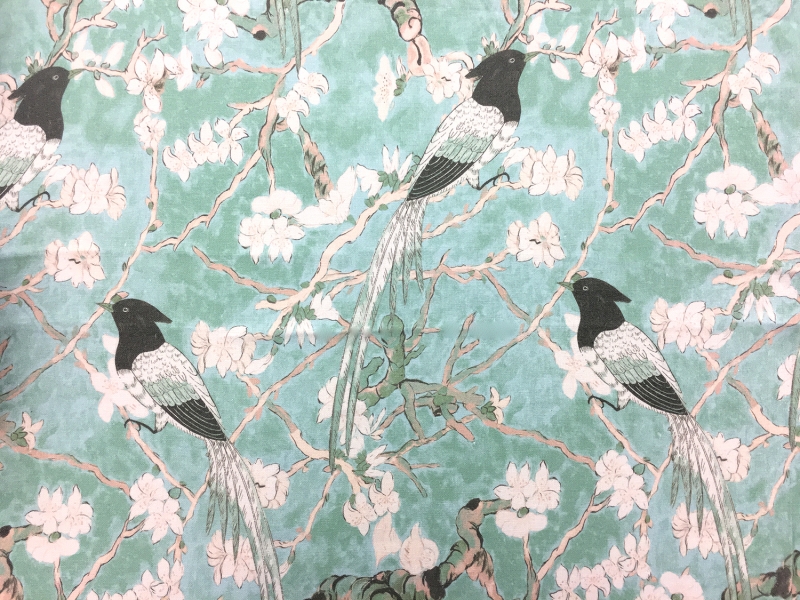 Linen With Birds On Cherry Blossom Print0
