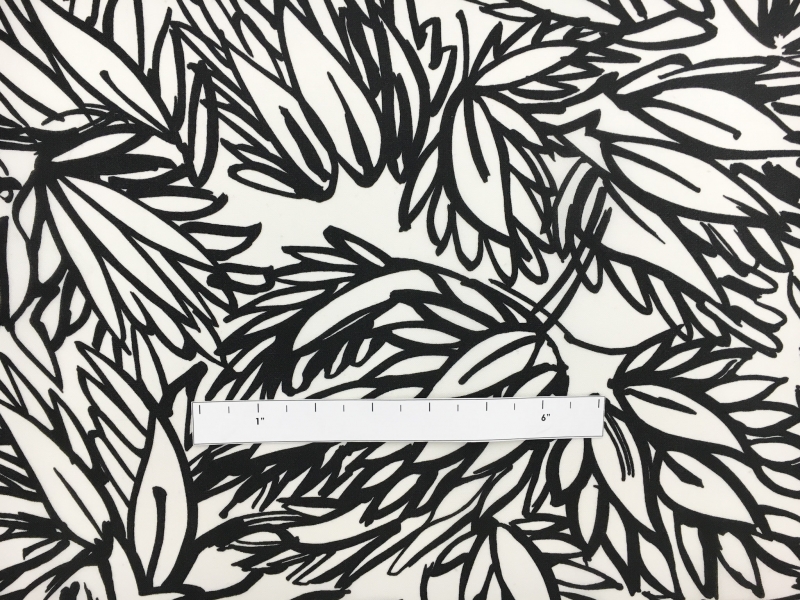 Printed Silk Gazar with Sketched Black and White Leaves1