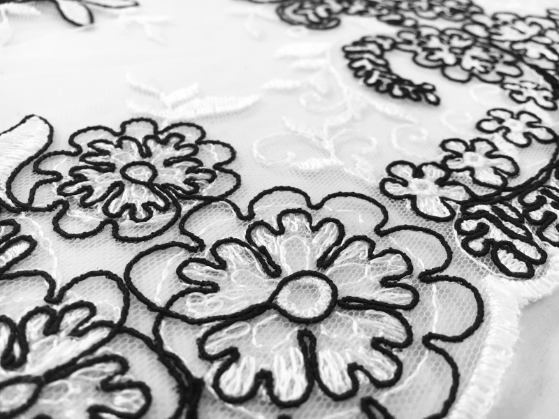 Black and White Embroidered Tulle with Floral Motifs2