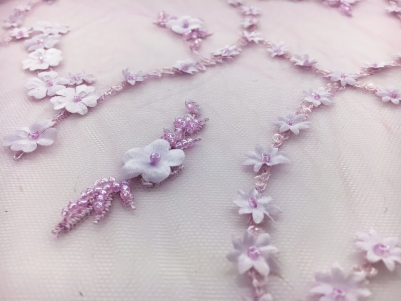 Beaded Tulle with Small Floral Appliques in Lilac2