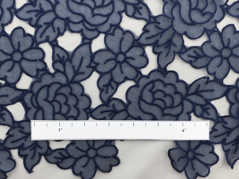 Embroidered Stretch Lace Apparel Fabric Sheer Navy Rose Floral