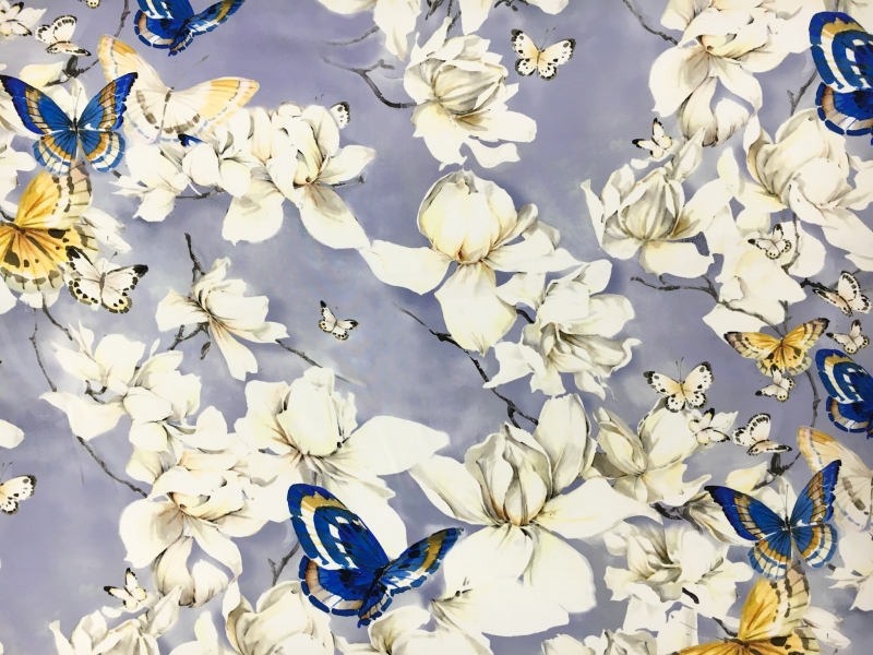 Printed Silk 6Ply Crepe with Off White Flowers and Butterflies0