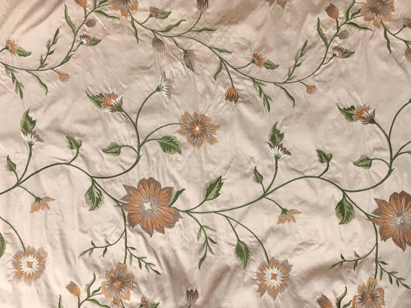 Iridescent Embroidered Silk Shantung with Flowers on Vines0
