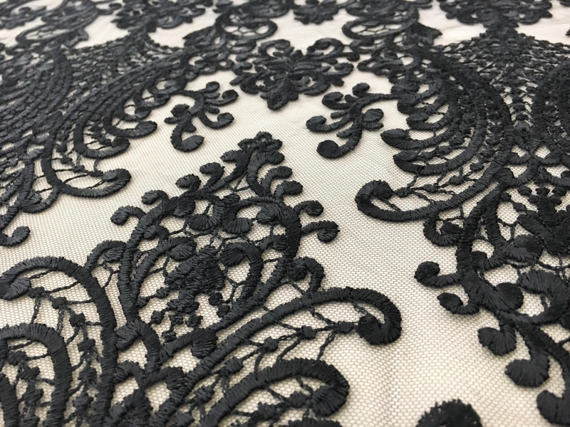 Black Embroidered Tulle with Intricate Designs 1