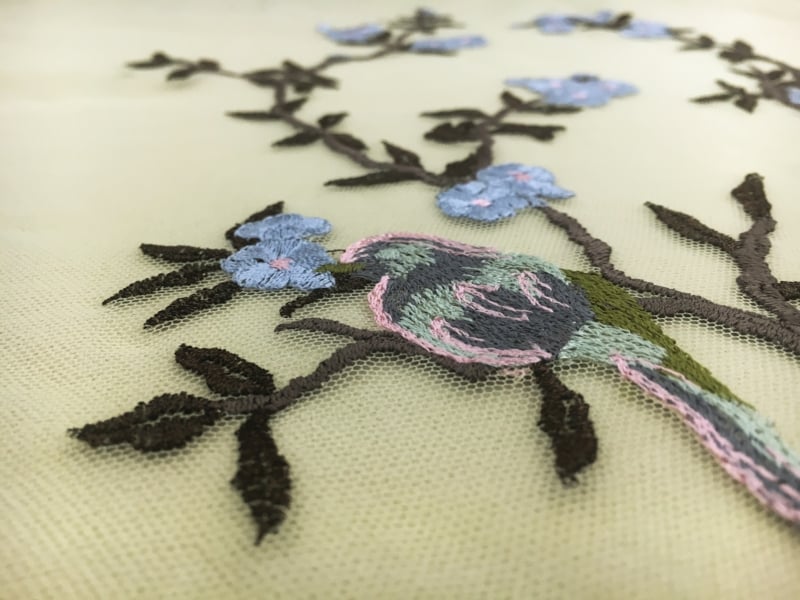 Metallic Embroidered Tulle with Metallic Embroidered with Blossoming Trees and Birds3