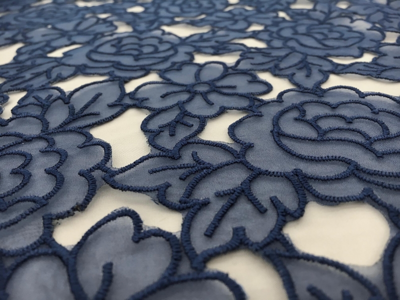 Embroidered Cut Out Polyester Organza with Rose Pattern in Navy2