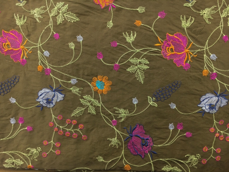 Silk Shantung with Embroidered Floral Paterns on Vines | B&J Fabrics