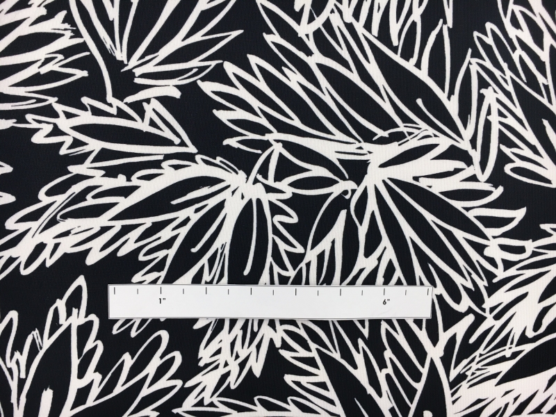 Printed Cotton Viscose Faille with Sketched Black and White Leaves1