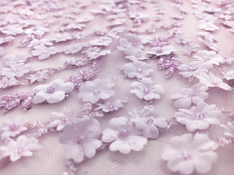 Beaded Tulle with Small Floral Appliques in Lilac