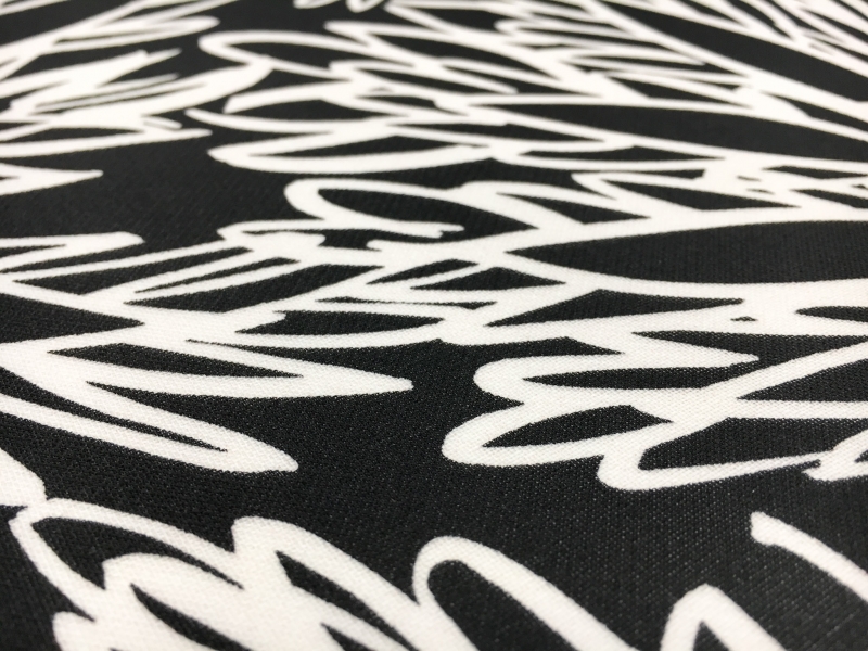 Printed Silk Gazar with Sketched Black and White Leaves2