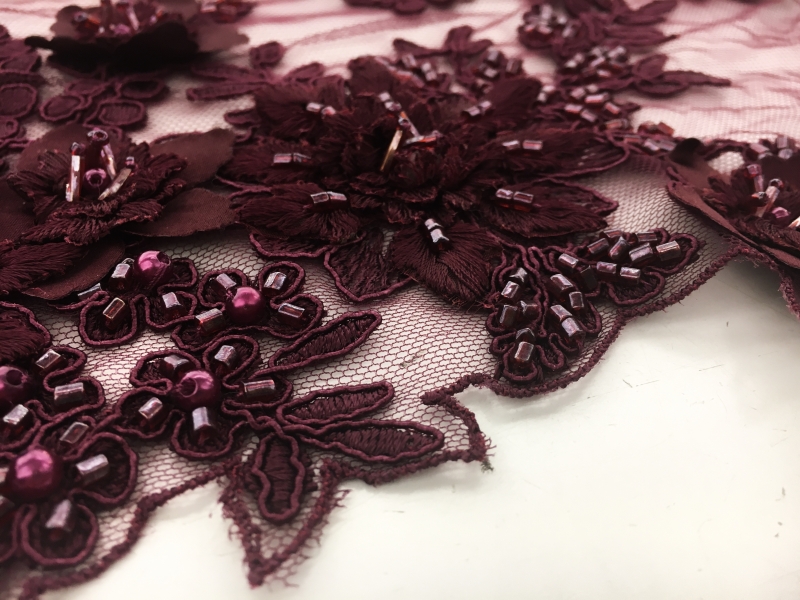 Beaded and Embroidered Tulle in Burgundy2